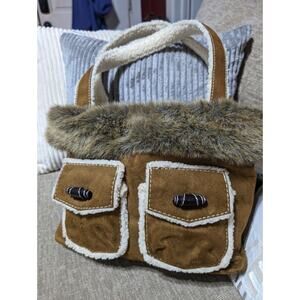 Bath & Body Works Shoulder Bag Brown Suede Cream Sherpa Trim Faux Fur Purse